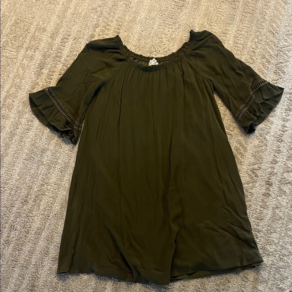 naif  Olive Green Bohemian Tunic Dress with Ruffle Sleeves Large
